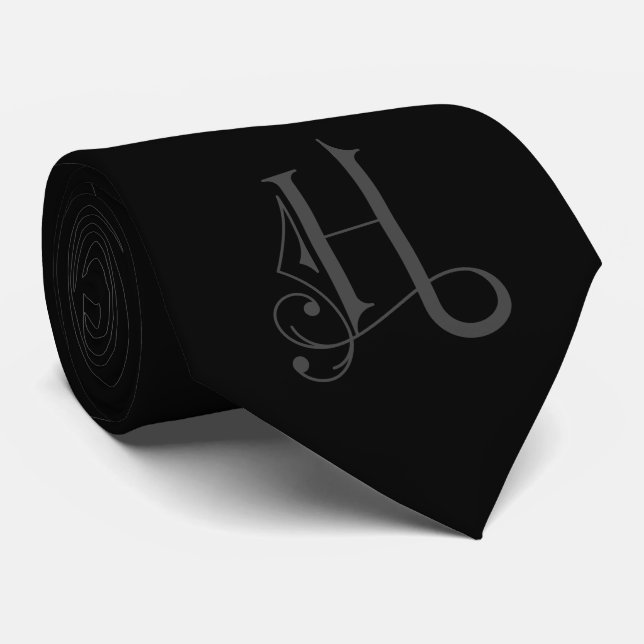 Classy Monogram Initial H, Grey on Black Tie (Rolled)