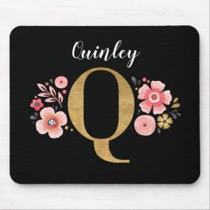 Classy Monogram Initial Pink Black Letter Q Mouse Mat