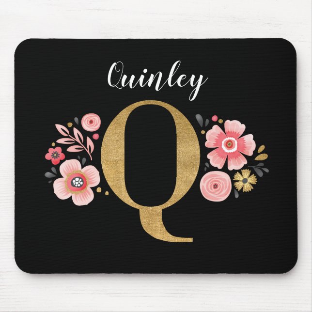 Classy Monogram Initial Pink Black Letter Q Mouse Mat (Front)