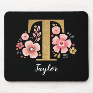 Classy Monogram Initial Pink Black Letter T Mouse Mat