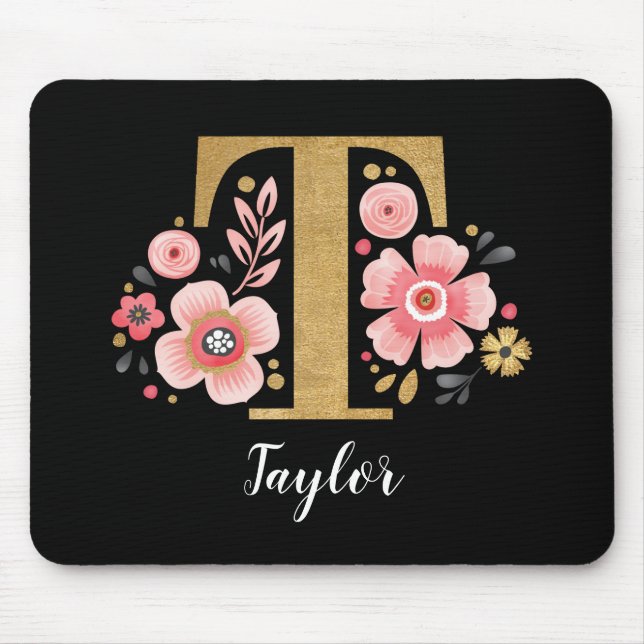 Classy Monogram Initial Pink Black Letter T Mouse Mat (Front)
