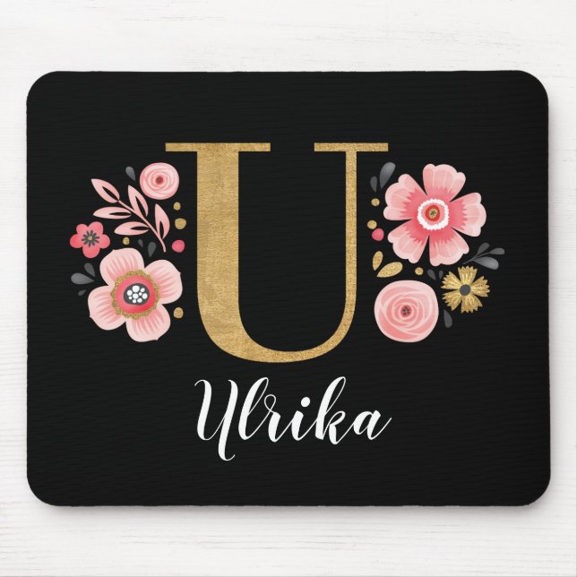 Classy Monogram Initial Pink Black Letter U Mouse Mat (Front)