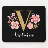 Classy Monogram Initial Pink Black Letter V