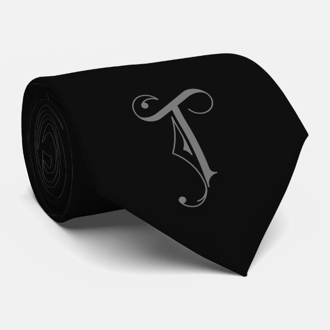 Classy Monogram Initial T, Grey on Black Tie (Rolled)