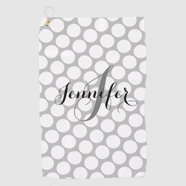 Classy Monogram White Grey Polka Dots Women's Golf Towel (Front)