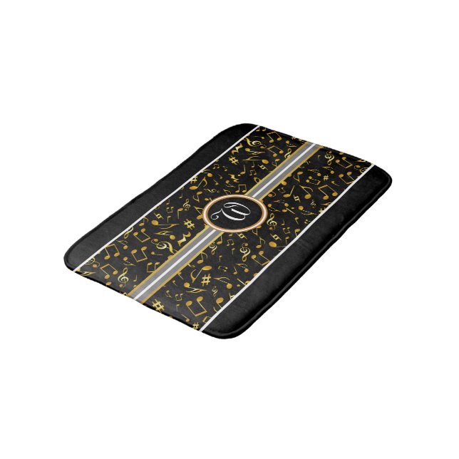 Classy Monogram with Gold Music Notes on BLACK Bath Mat (Angled)