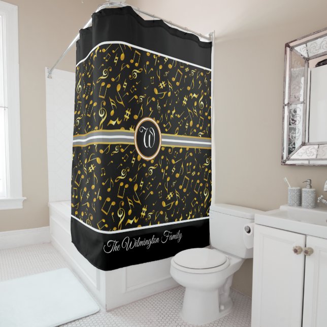 Classy Monogram with Gold Music Notes on BLACK Shower Curtain (In Situ)