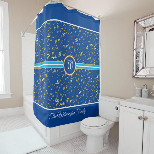 Classy Monogram with Gold Music Notes on BLUE Shower Curtain (In Situ)