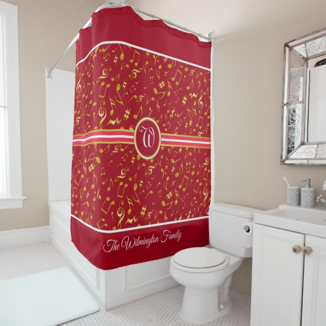 Classy Monogram with Gold Music Notes on RED Shower Curtain (In Situ)