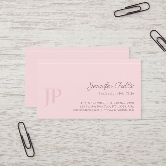 Classy Monogrammed Pink Modern Chic Luxury Business Card (Front/Back In Situ)