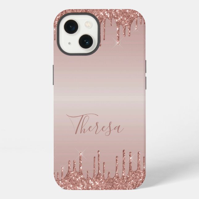 Classy Monogrammed Rose Gold Dripped Glitter iPhone Case (Back)