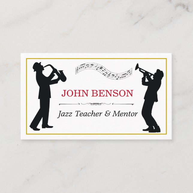Classy Music Jazz Teacher Black Silhouettes Business Card (Front)