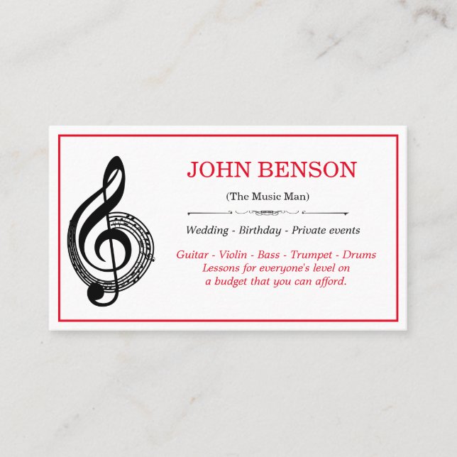Classy Music Teacher Black Treble Clef with Notes Business Card (Front)