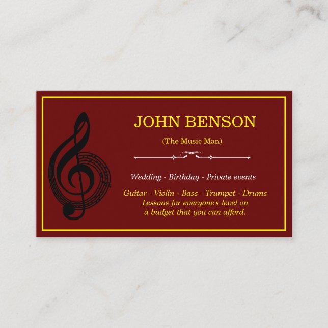 Classy Music Teacher White Treble Clef with Notes Business Card (Front)