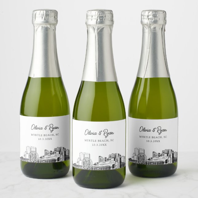 Classy Myrtle Beach Wedding Favour Custom Mini Sparkling Wine Label (Bottles)