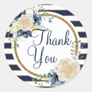 Classy Nautical Floral Navy & Gold Thank You Classic Round Sticker