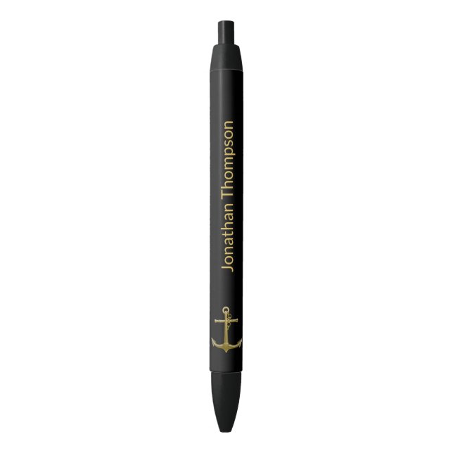 Classy Nautical Gold Anchor on Black Black Ink Pen (Front Vertical)
