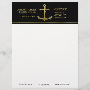 Classy Nautical Gold Anchor on Black Custom Letterhead