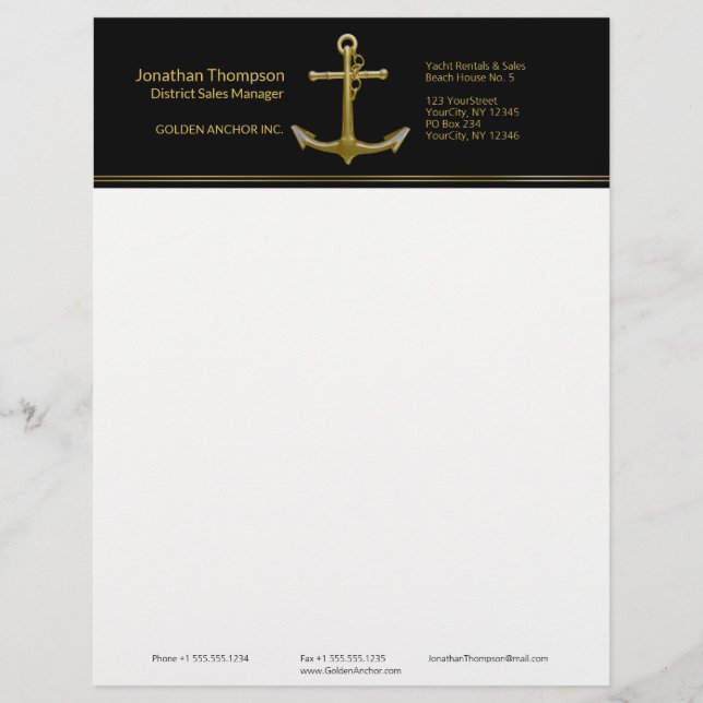 Classy Nautical Gold Anchor on Black Custom Letterhead (Front)