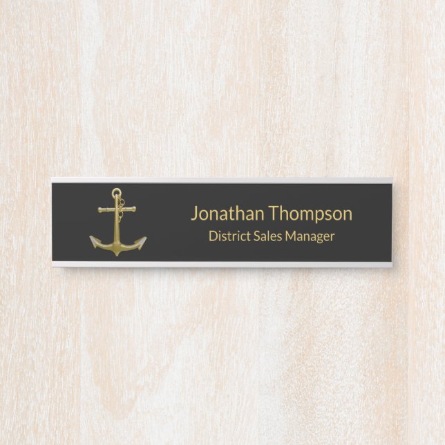 Classy Nautical Gold Anchor on Black Door Sign (Front)