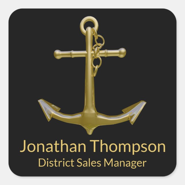 Classy Nautical Gold Anchor on Black Square Sticker (Front)
