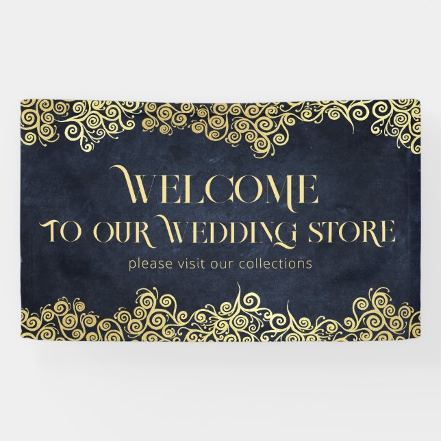      Classy Navy Blue And Gold Boho Swirls Wedding Banner (Horizontal)