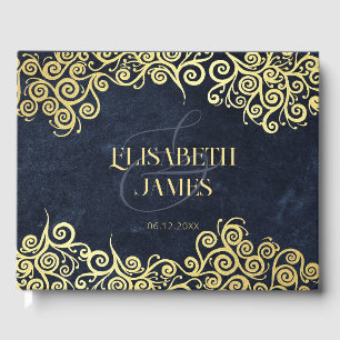 Classy Navy Blue And Gold Boho Swirls Wedding Guest Book