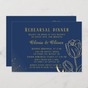 Classy Navy Blue and Gold Floral Rehearsal Dinner  Invitation