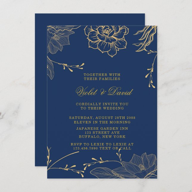 Classy Navy Blue and Gold Florals Wedding Invitati Invitation (Front/Back)