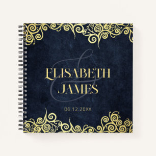 Classy Navy Blue And Gold Swirl Wedding Guest Book