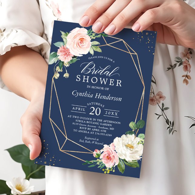 Classy Navy Blue Blush Pink Floral Bridal Shower Invitation (Creator Uploaded)