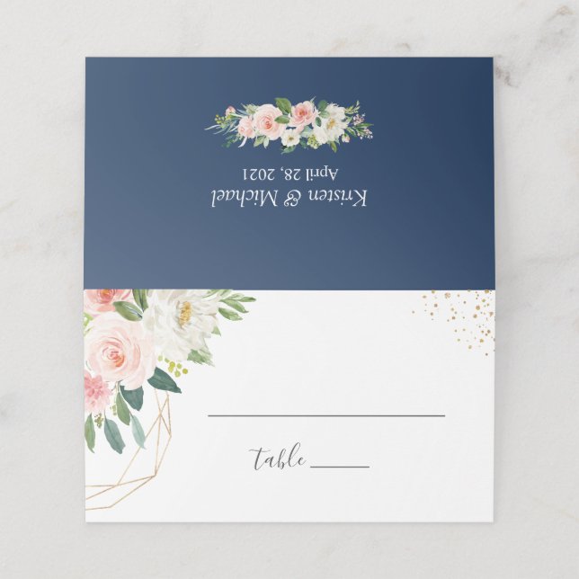 Classy Navy Blue Blush Pink Floral Wedding Place Card (Outside Unfolded)