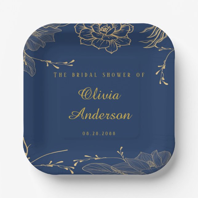 Classy Navy Blue Botanical Florals Bridal Shower Paper Plate (Front)