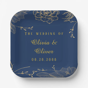 Classy Navy Blue Botanical Florals Wedding Paper Plate