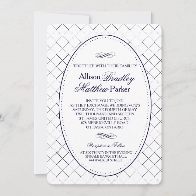 Classy Navy Blue Check Pattern Wedding Invitation (Front)