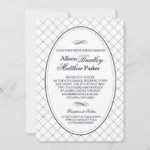 Classy Navy Blue Check Pattern Wedding Invitation
