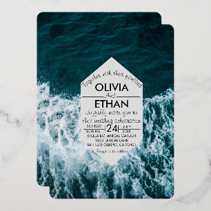 Classy navy blue coastal Wedding Foil Invitation