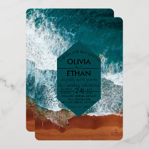 Classy navy blue coastal Wedding Foil Invitation