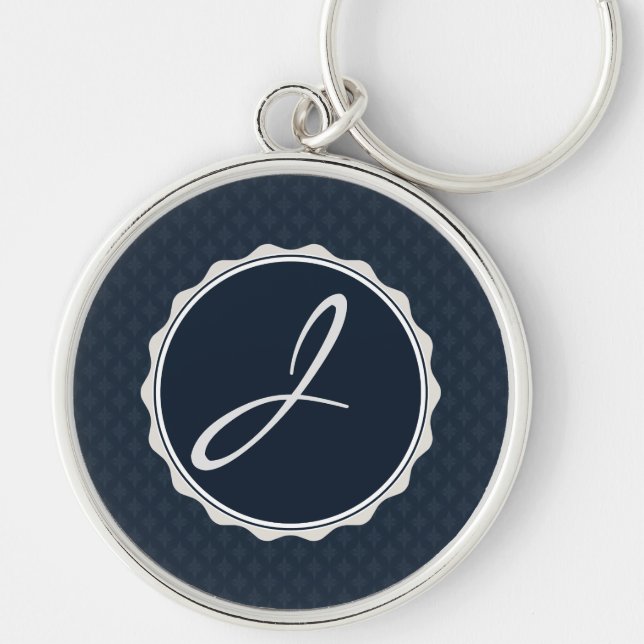 Classy Navy Blue Custom Monogram Key Ring (Front)