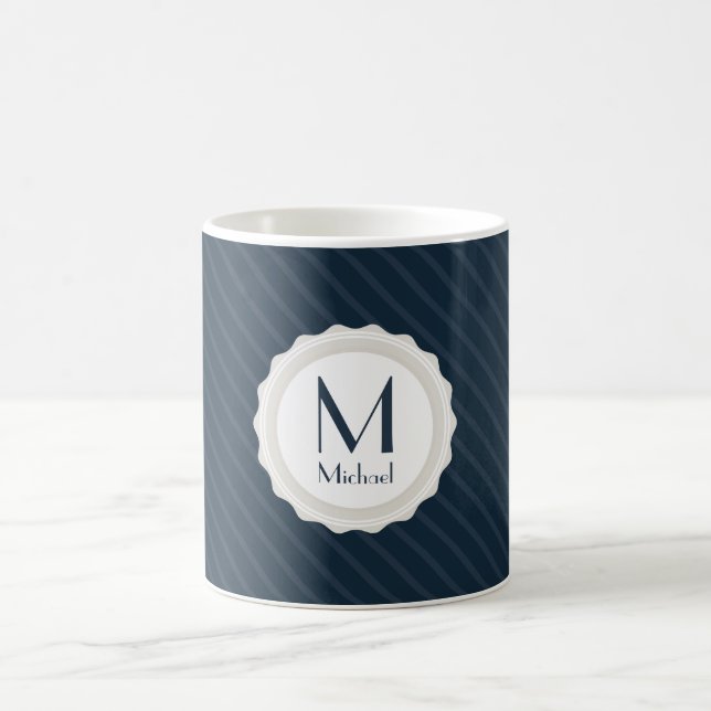 Classy Navy Blue Custom Monogram - Striped Pattern Coffee Mug (Center)