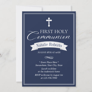 Classy Navy Blue First Holy Communion Invitation