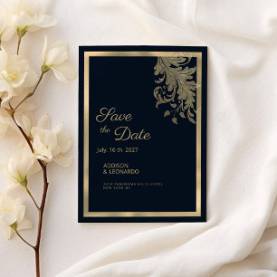Classy navy blue gold floral lace Save the Date  Invitation