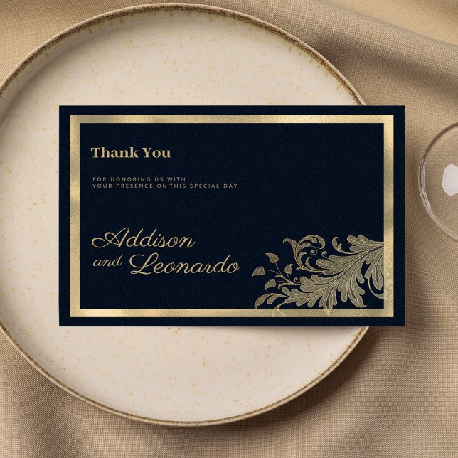 Classy navy blue gold floral lace Thank You  Invitation (Classy navy blue gold floral lace Thank You )