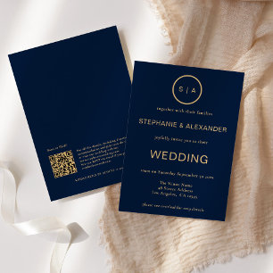 Classy Navy Blue Gold Monogram QR Code Wedding Invitation