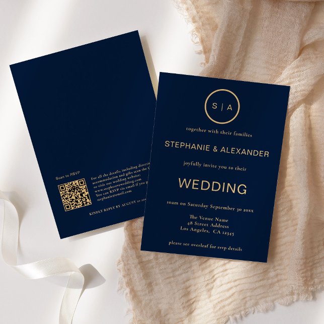 Classy Navy Blue Gold Monogram QR Code Wedding Invitation (Creator Uploaded)