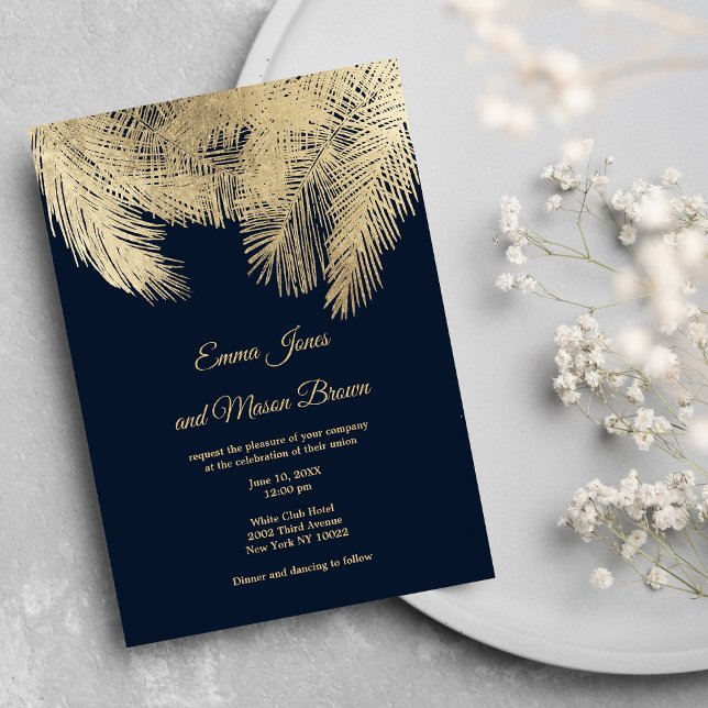Classy navy blue gold palm tree tropical Wedding Invitation (Classy navy blue gold palm tree tropical Wedding )
