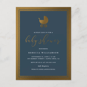 Classy Navy Blue & Gold Pram Boy Baby Shower Invitation Postcard