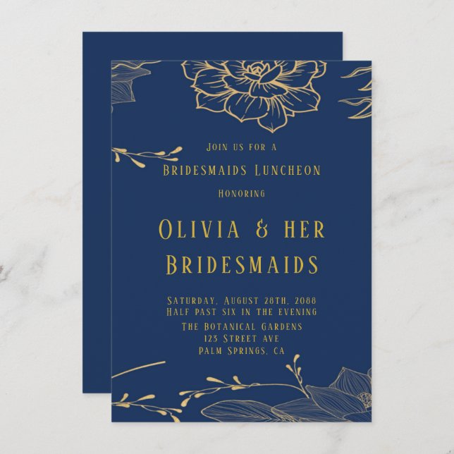 Classy Navy Blue Gold Rachel Bridesmaids Luncheon Invitation (Front/Back)