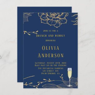 Classy Navy Blue Gold Rachel Brunch and Bubbly Invitation