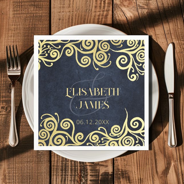 Classy Navy Blue Gold Swirls Wedding Sophisticated Napkin (Creator Uploaded)